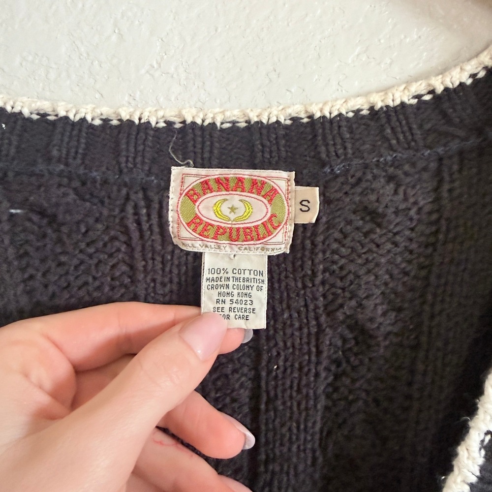 Vintage 80s Banana Republic Chunky Cable Knit‎ Cardigan Black Pockets Size S - Picture 2 of 6